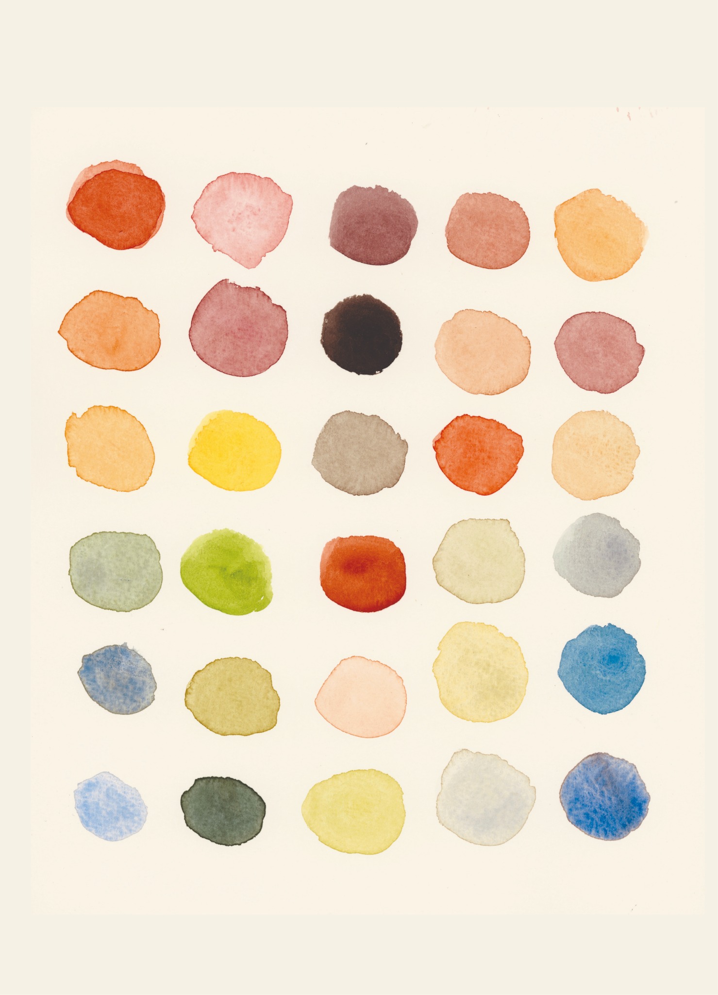 Nuancier de petits disques peints de couleurs chaudes et froides