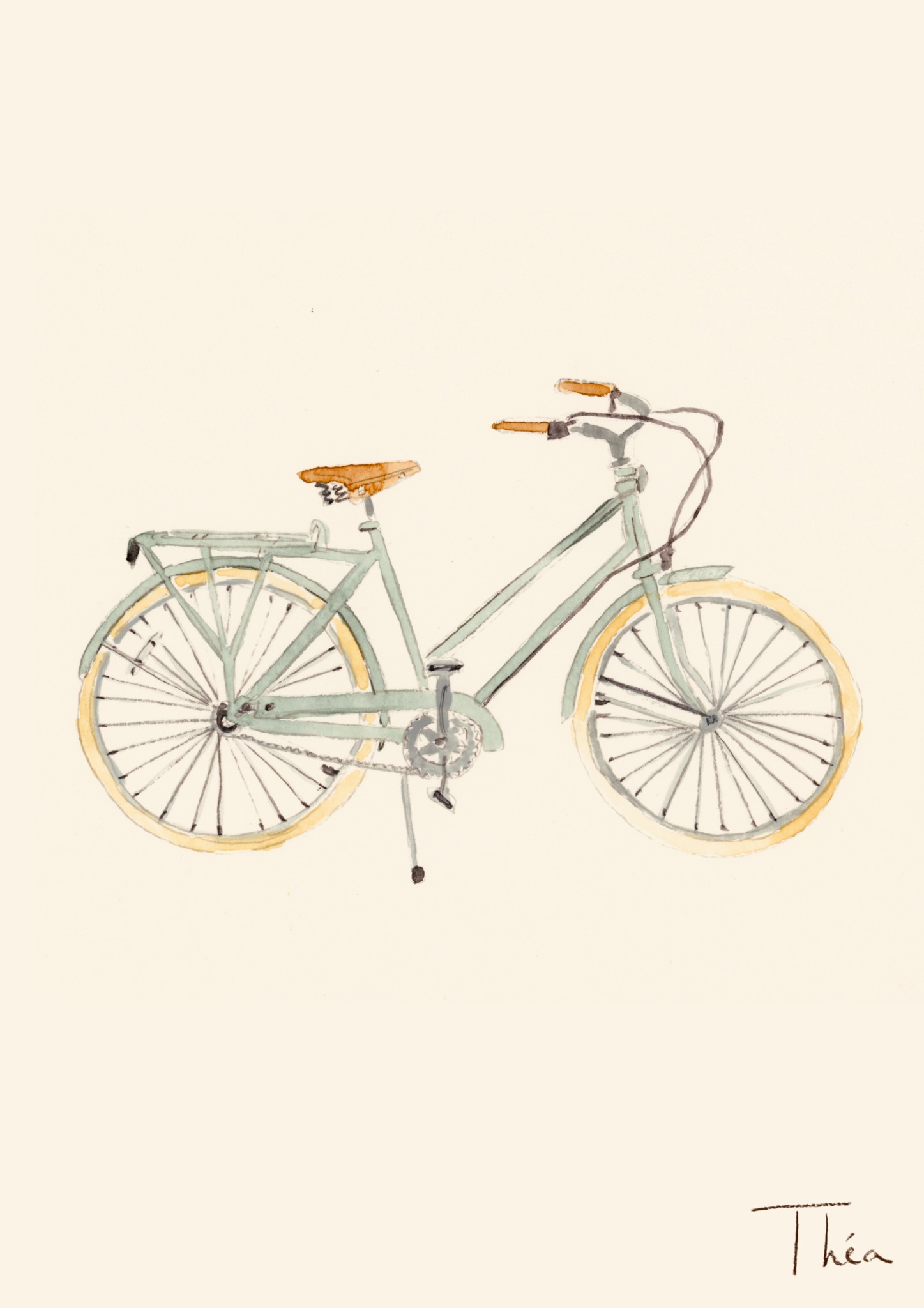 Vélo vert pâle peint à l’aquarelle sur fond crème