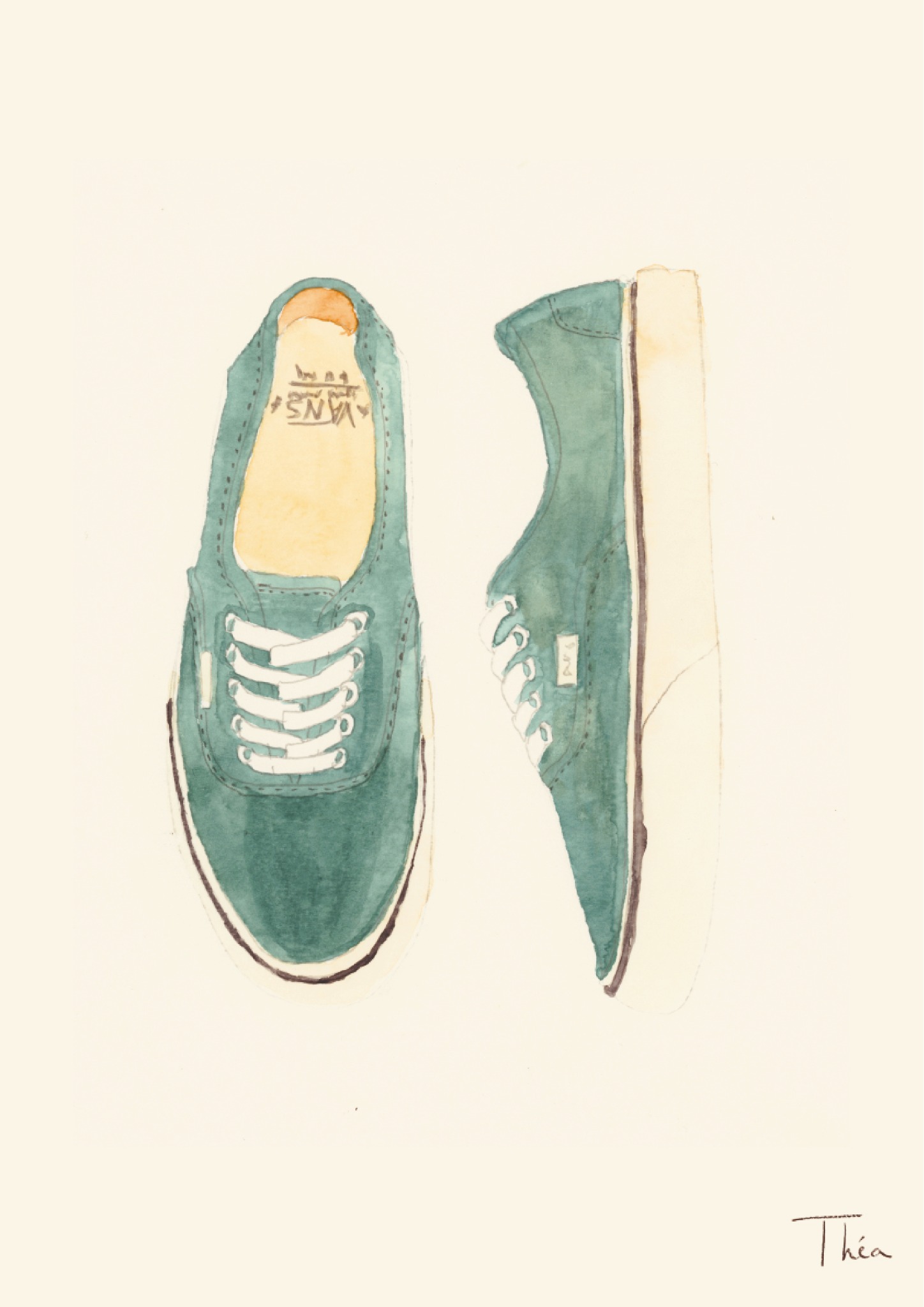 Deux vues de chaussures vertes peintes à l’aquarelle