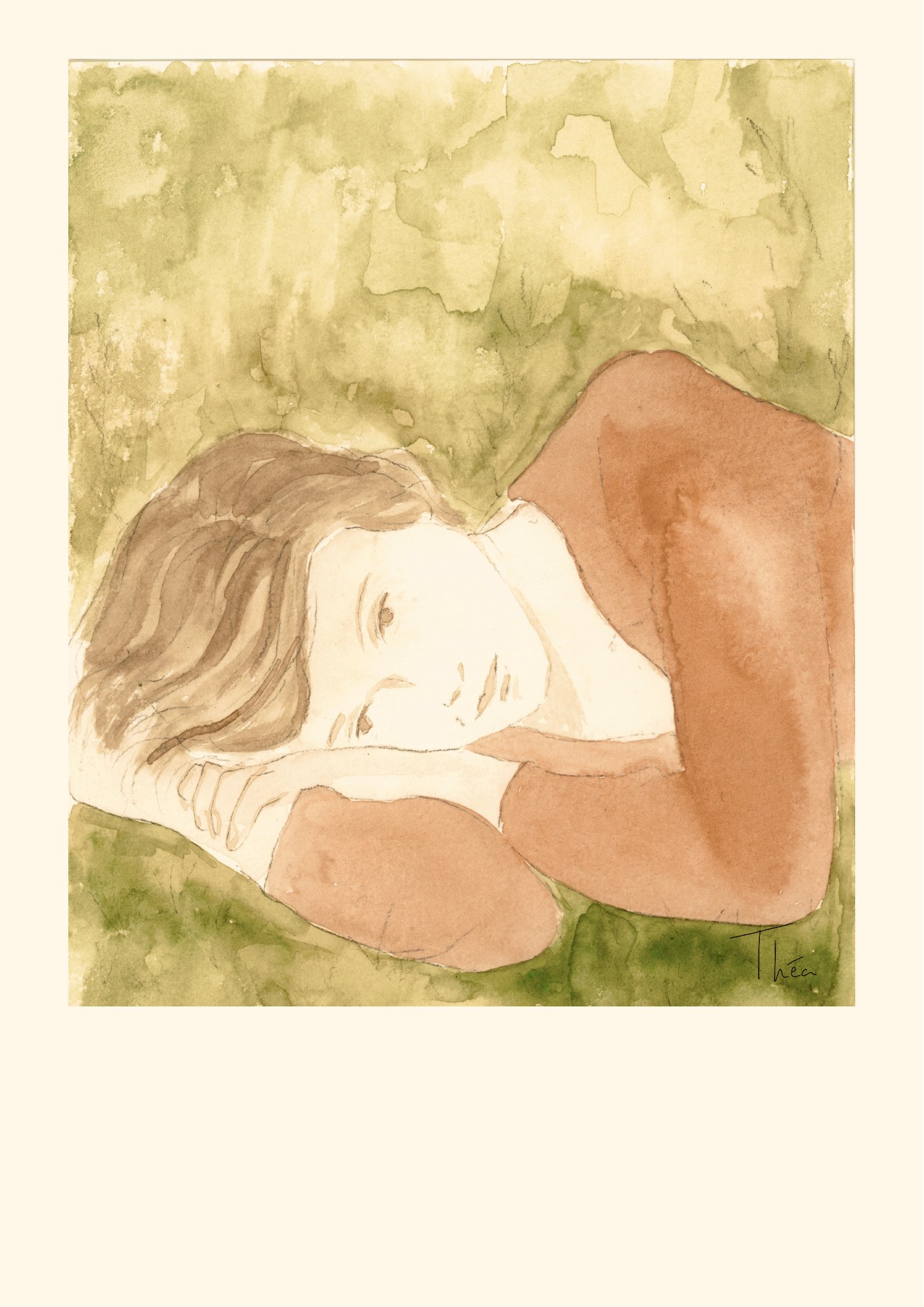 Femme allongée dans l’herbe peinte à l’aquarelle