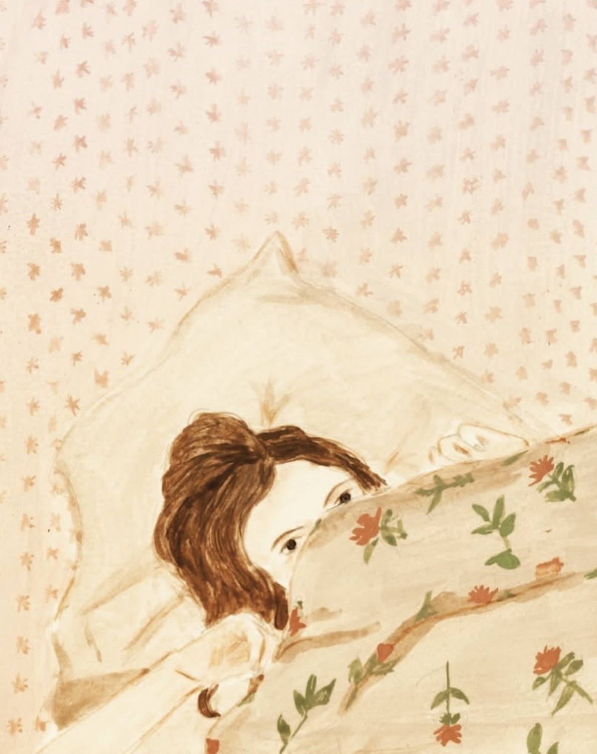 Enfant au lit caché sous une couverture fleurie