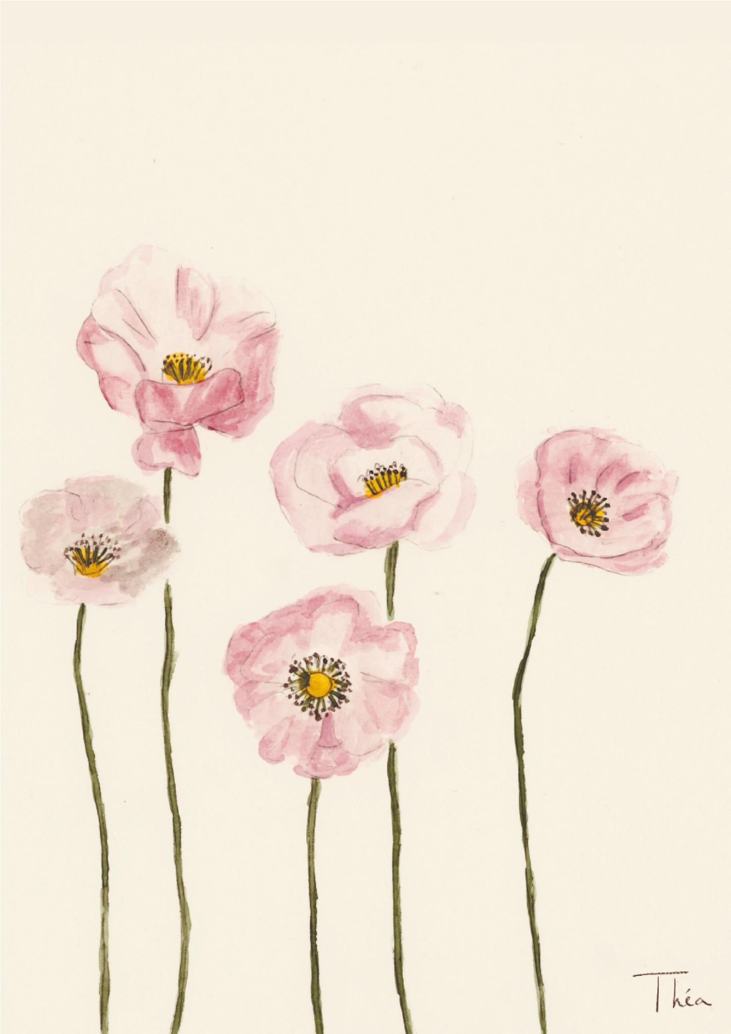Quatre fleurs roses sur de longues tiges fines