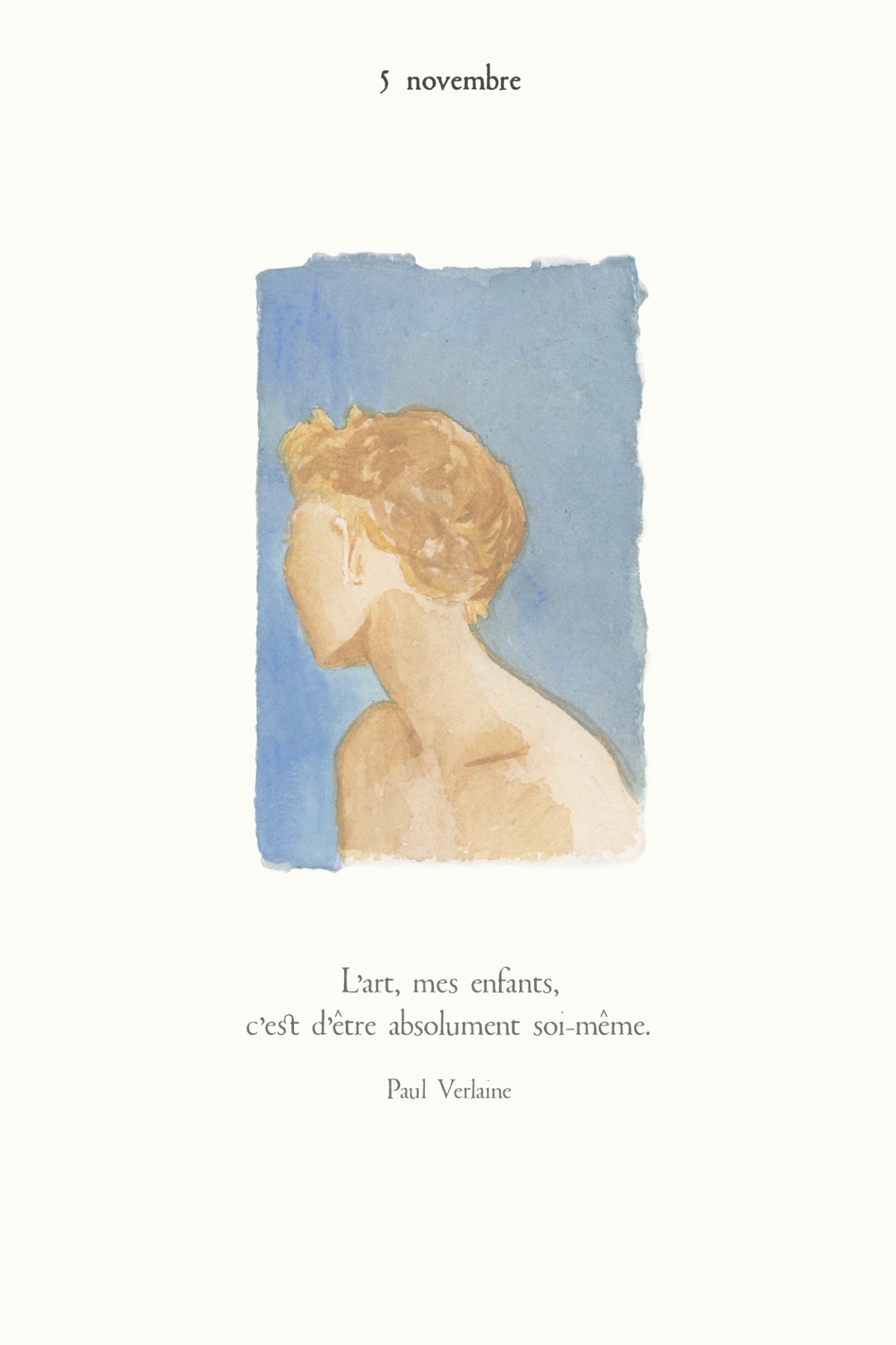 Page du 5 novembre avec un portrait sur fond bleu et une citation de Verlaine