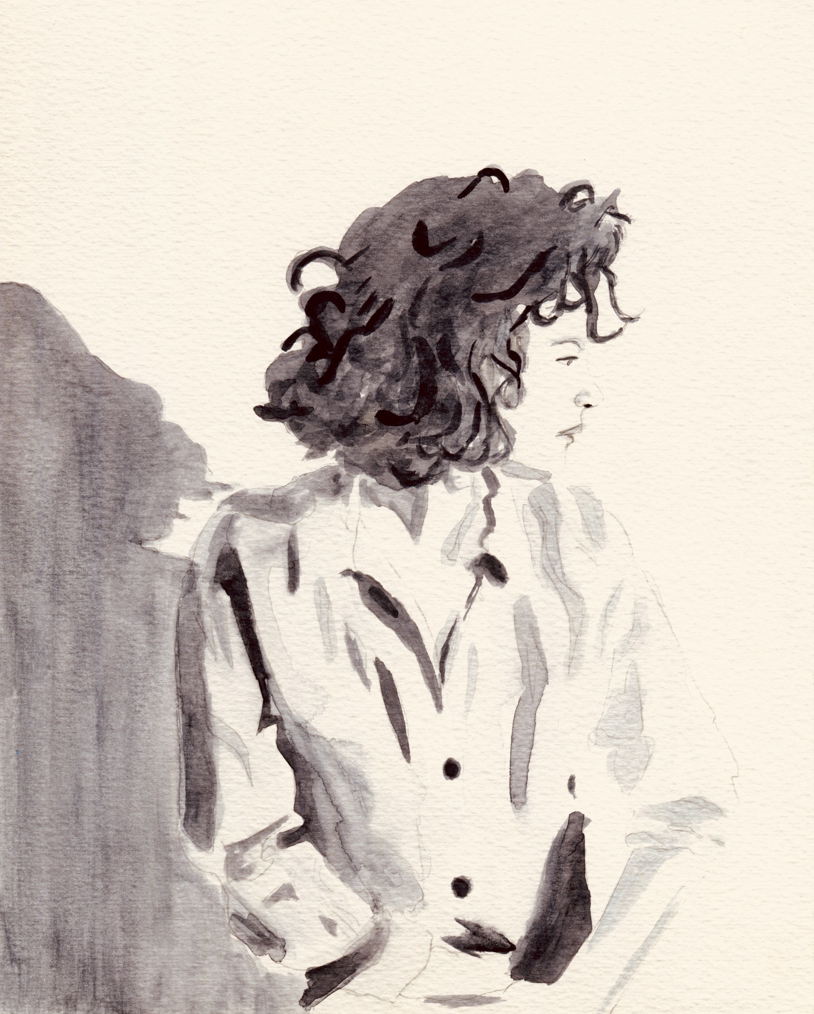 Personnage aux cheveux noirs peint à l’encre en noir et gris
