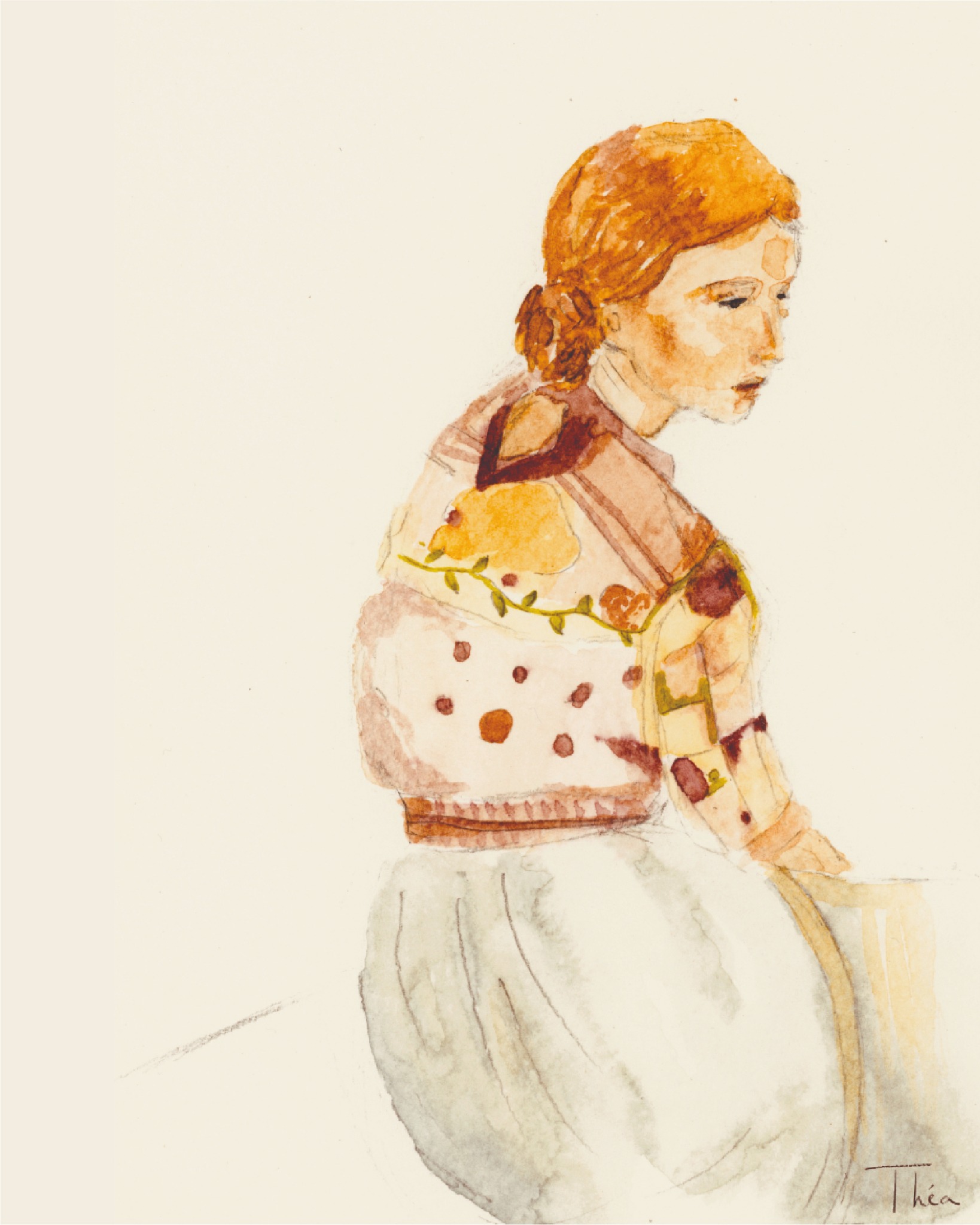 Jeune femme rousse de profil à l’aquarelle